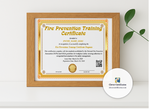 Realistic mockup featuring Fire Prevention Training Certificate displayed within a modern frame, set against a minimalistic background.
