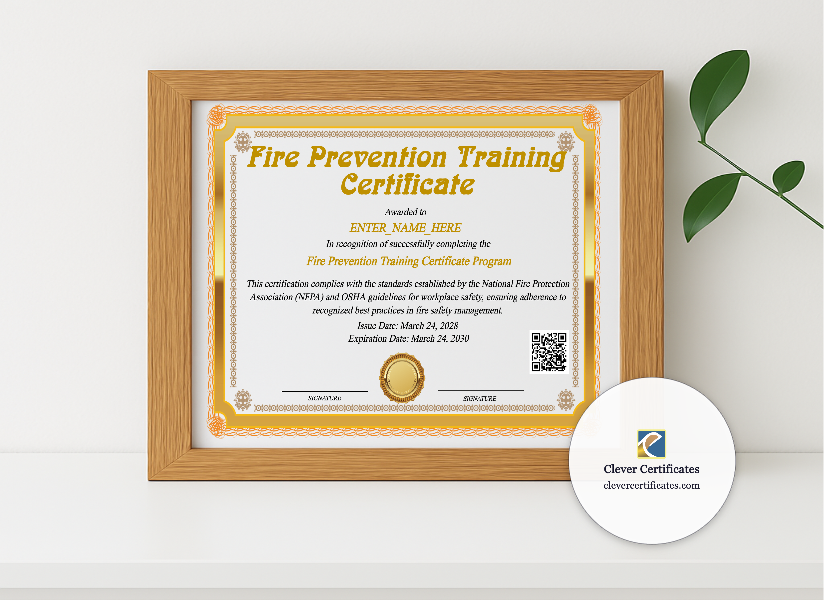 Realistic mockup featuring Fire Prevention Training Certificate displayed within a modern frame, set against a minimalistic background.