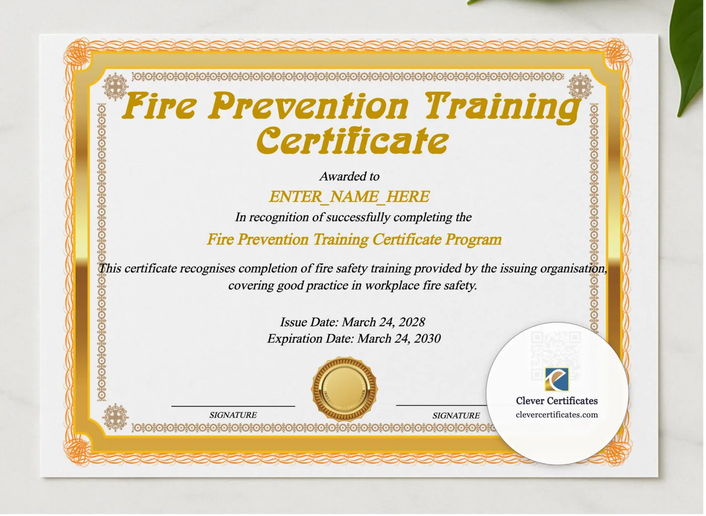 Fire Prevention Training Certificate presented in a sleek wooden frame, elegantly arranged on a stylish table.