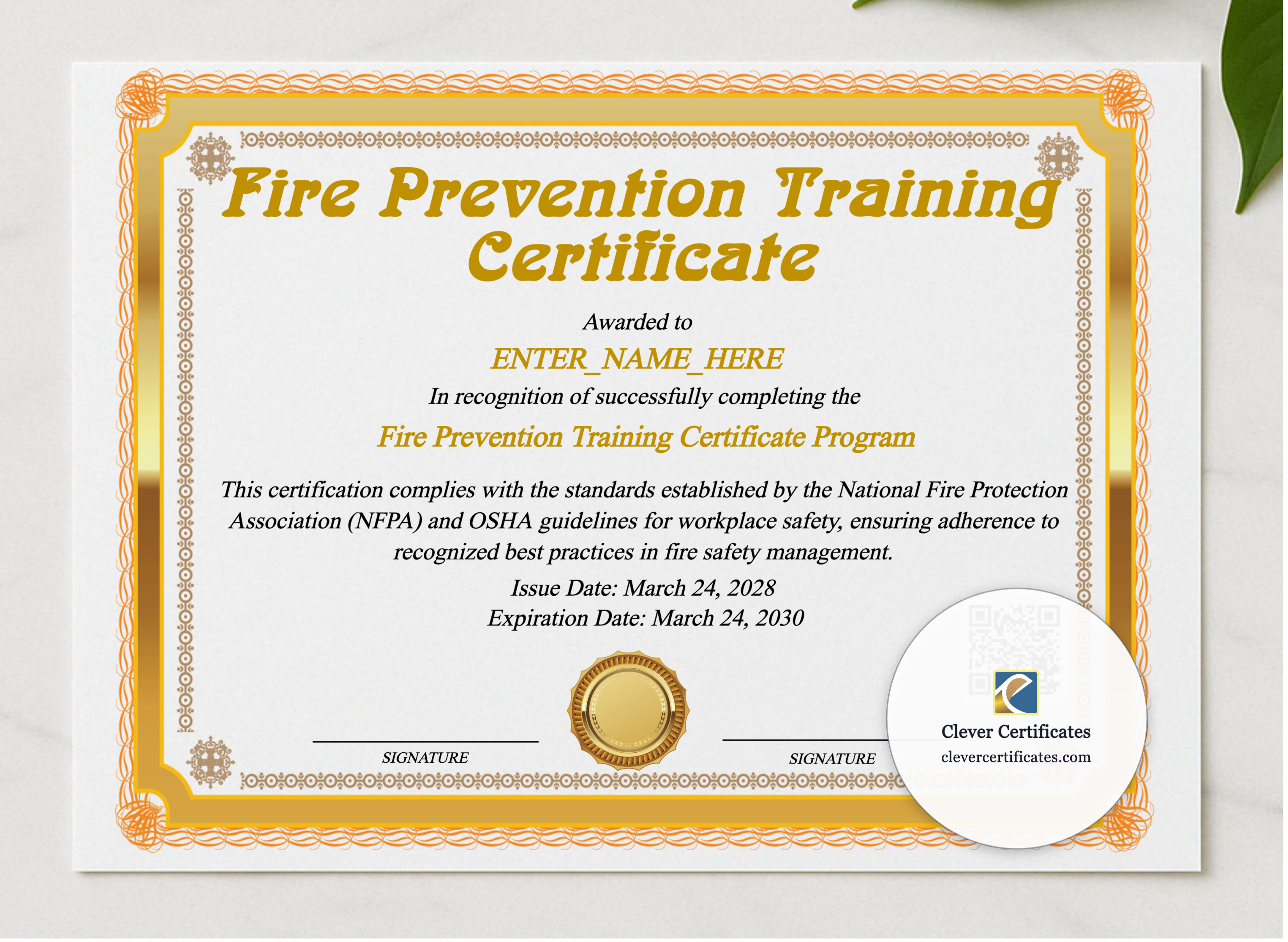 Fire Prevention Training Certificate presented in a sleek wooden frame, elegantly arranged on a stylish table.