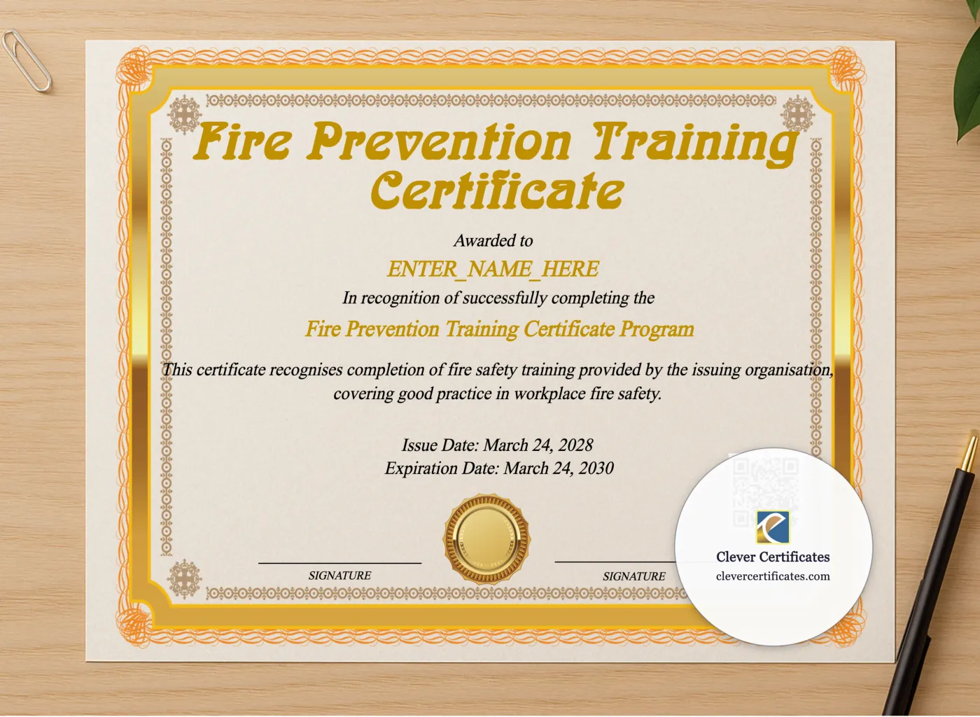 Professional preview of Fire Prevention Training Certificate certificate on high-quality stationery paper, ideal for showcasing the final look.