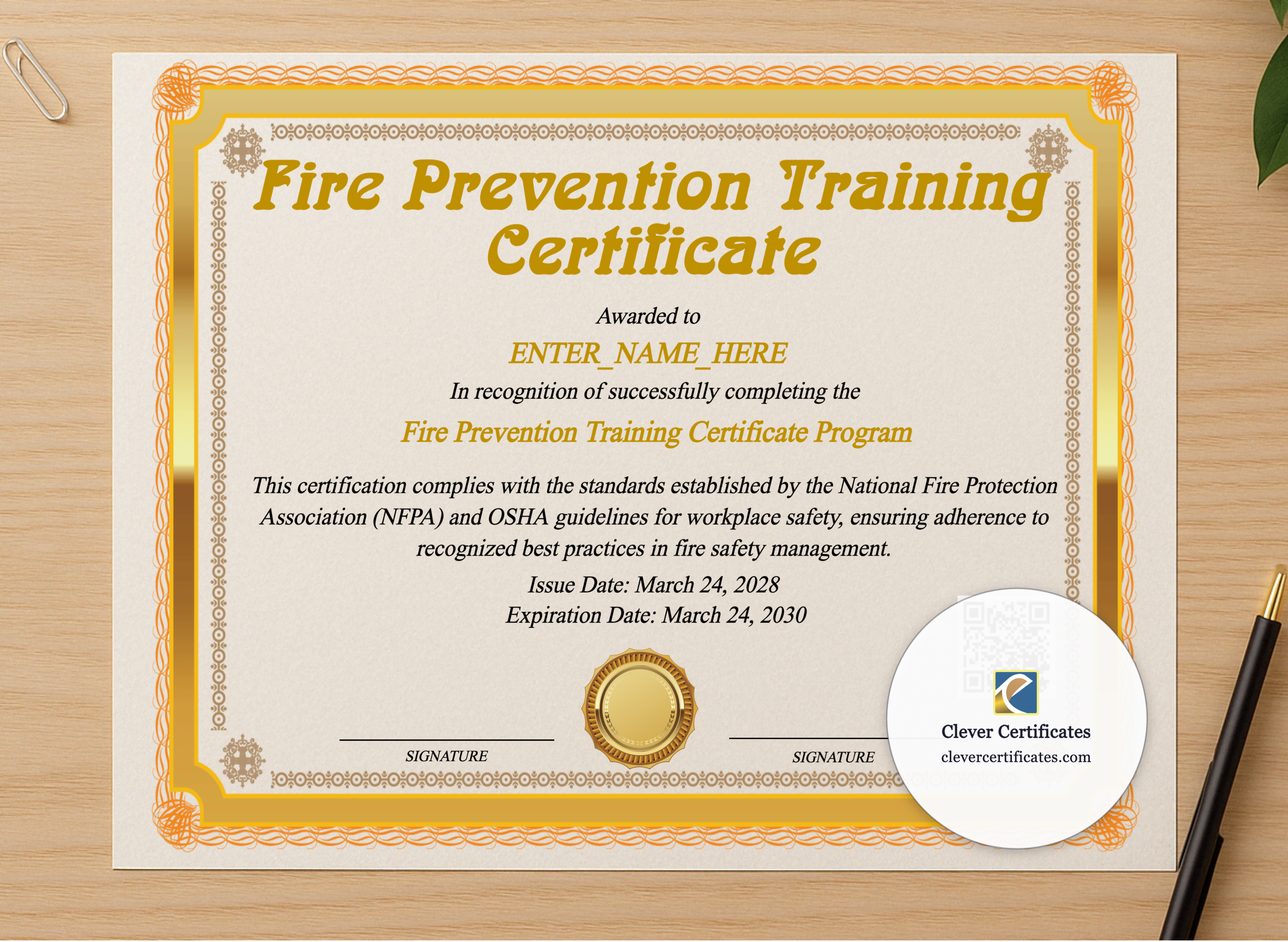 Professional preview of Fire Prevention Training Certificate certificate on high-quality stationery paper, ideal for showcasing the final look.