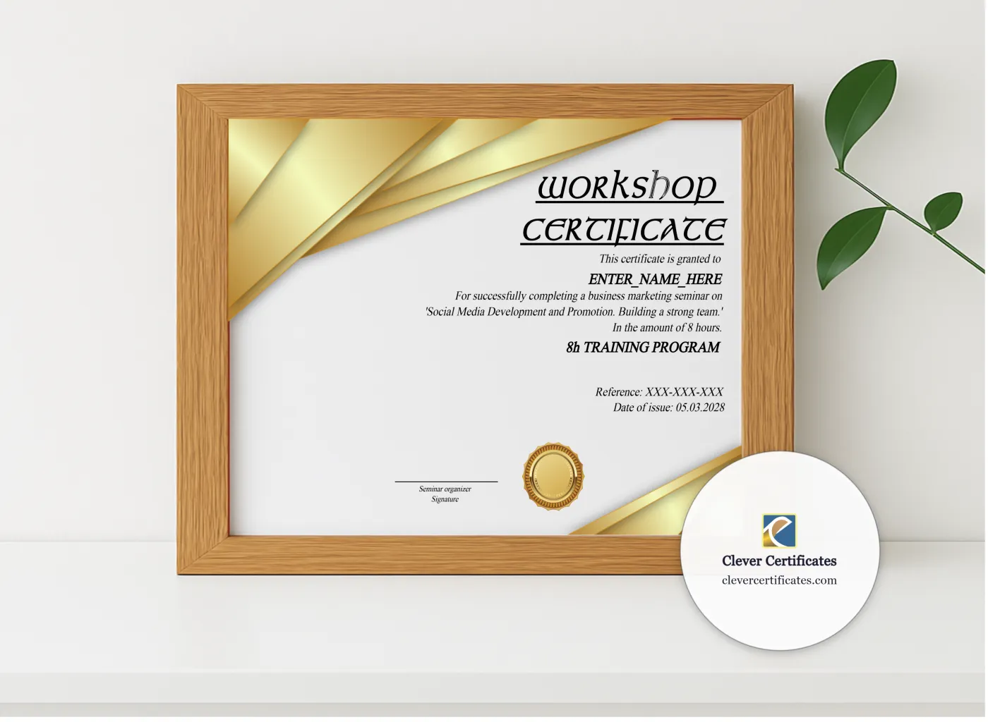 Realistic mockup featuring Workshop Certificate Of Completion displayed within a modern frame, set against a minimalistic background.