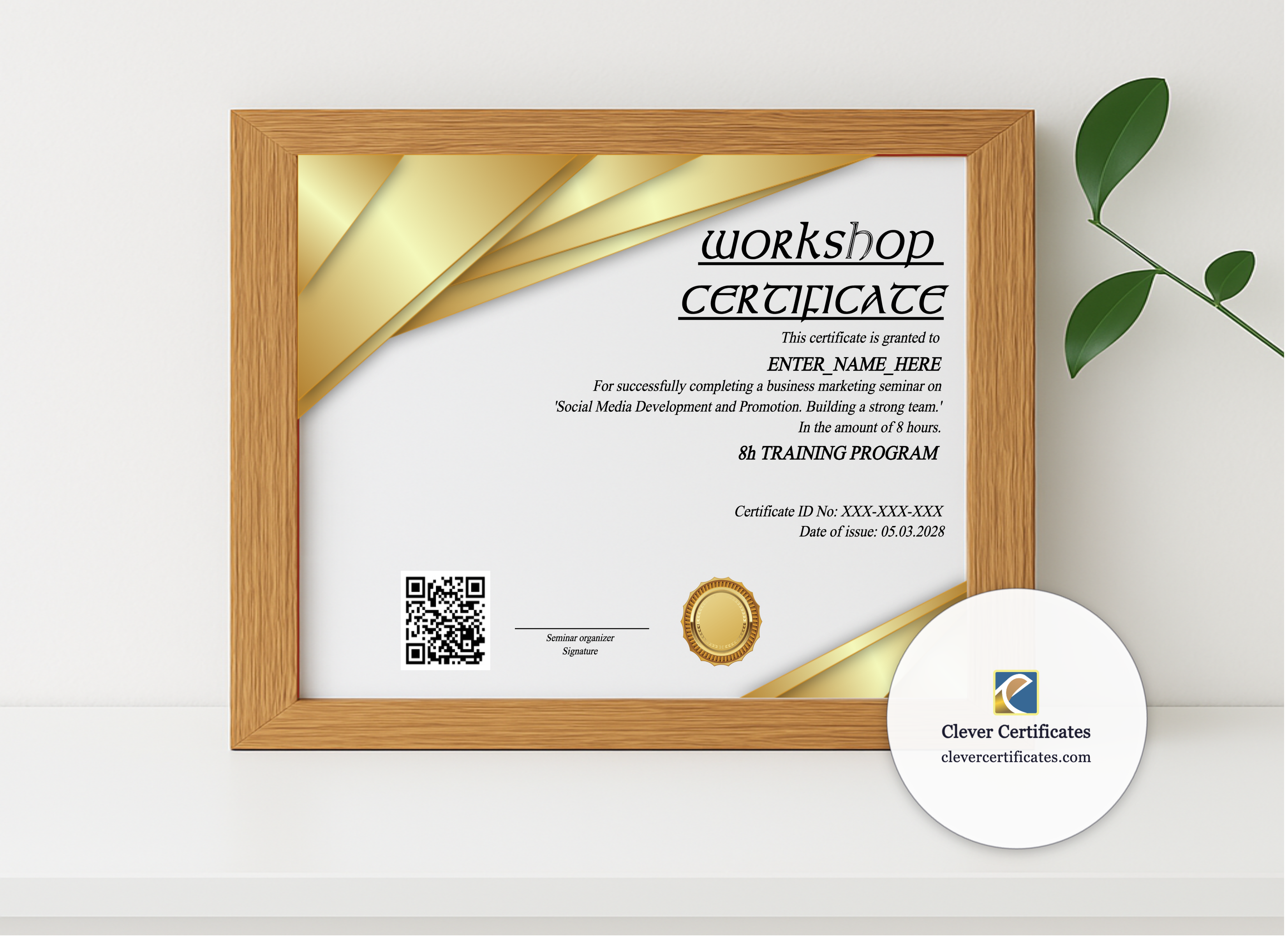 Realistic mockup featuring Workshop Certificate Of Completion displayed within a modern frame, set against a minimalistic background.