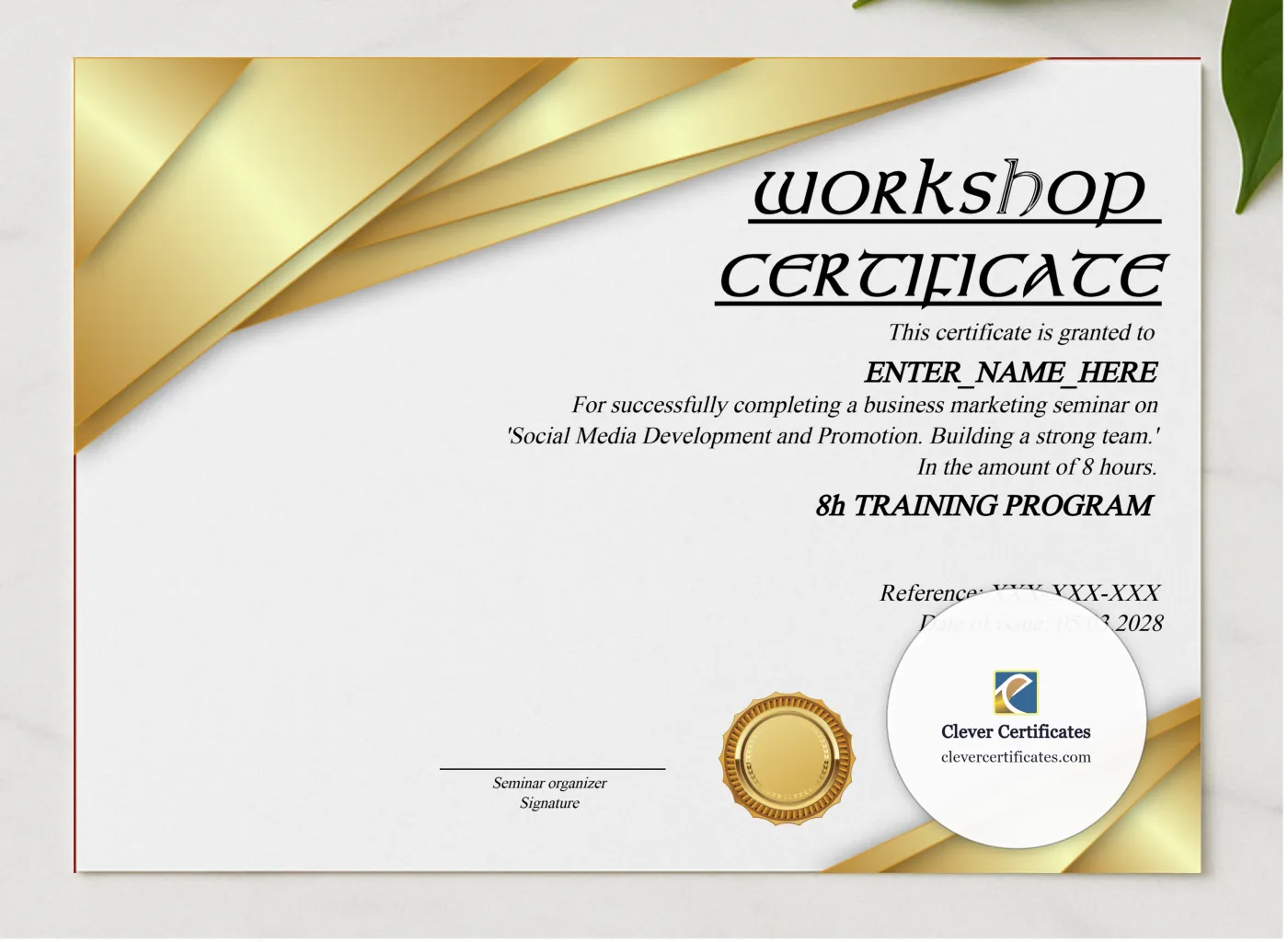 Workshop Certificate Of Completion presented in a sleek wooden frame, elegantly arranged on a stylish table.