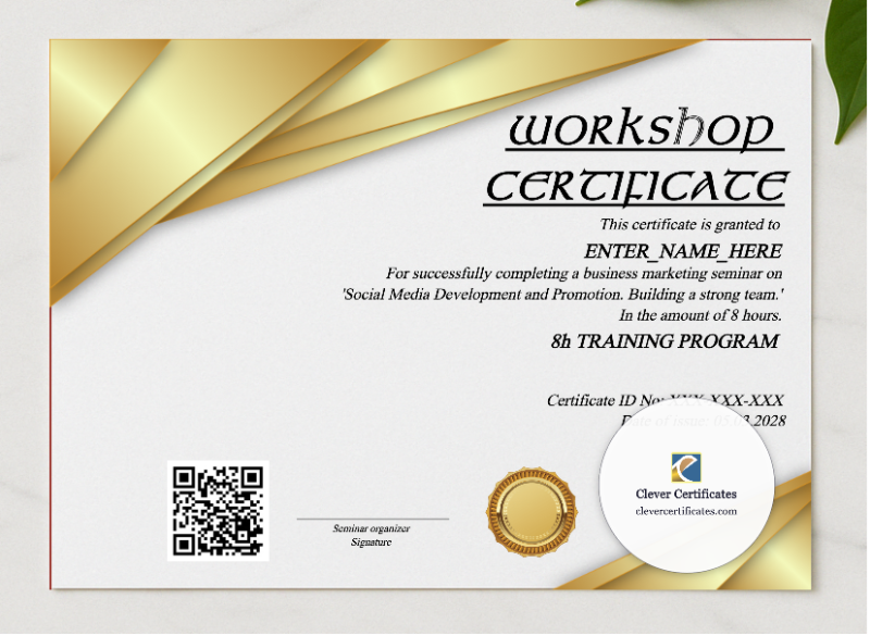Workshop Certificate Of Completion presented in a sleek wooden frame, elegantly arranged on a stylish table.
