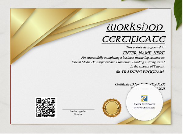 Workshop Certificate Of Completion presented in a sleek wooden frame, elegantly arranged on a stylish table.