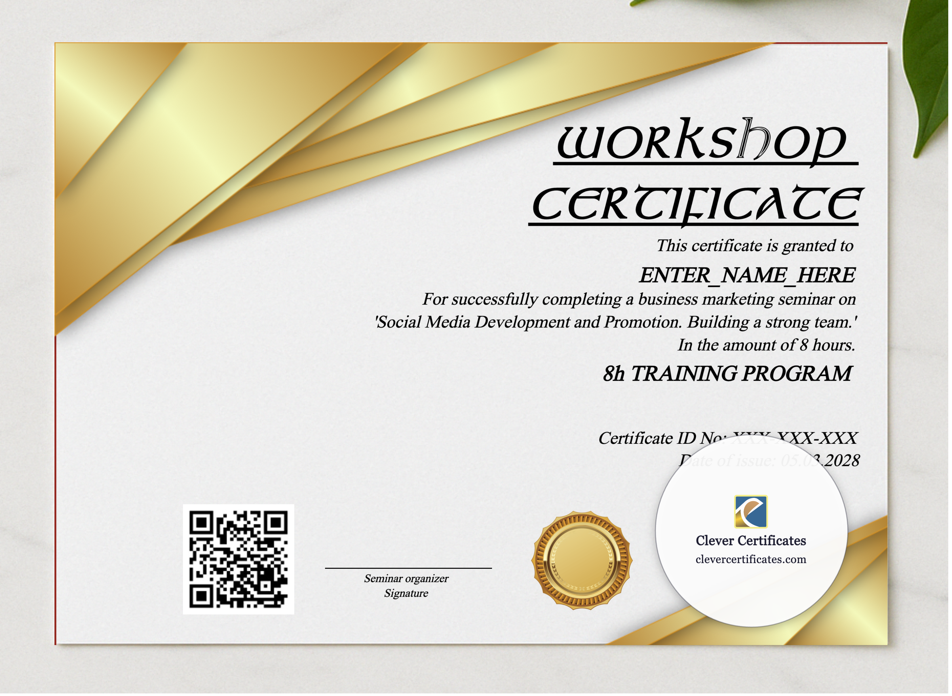 Workshop Certificate Of Completion presented in a sleek wooden frame, elegantly arranged on a stylish table.