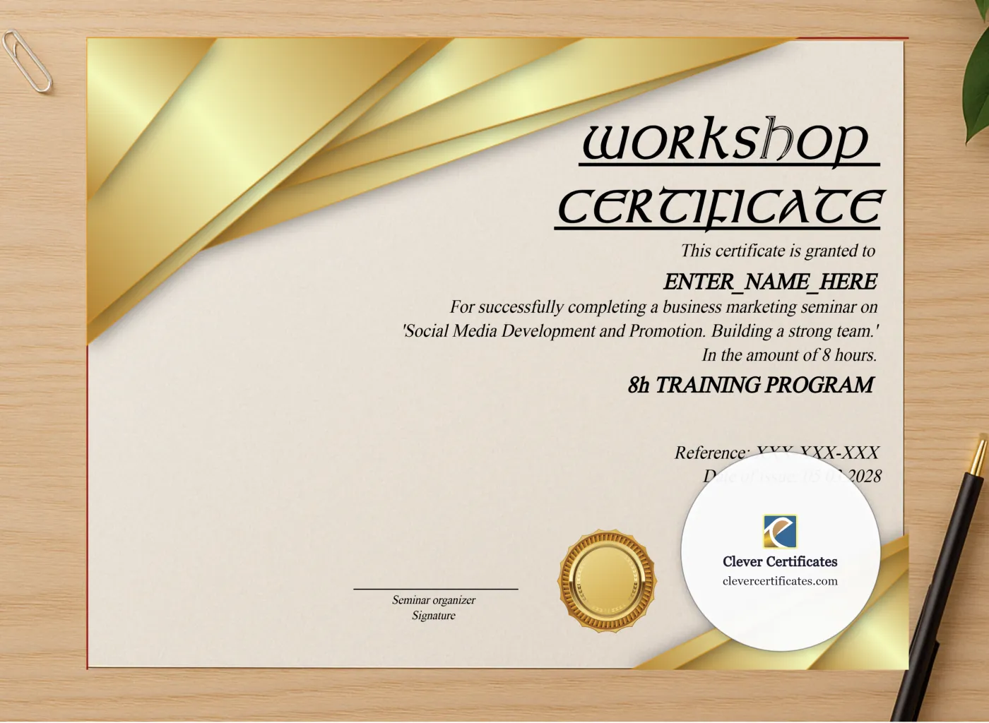 Professional preview of Workshop Certificate Of Completion certificate on high-quality stationery paper, ideal for showcasing the final look.