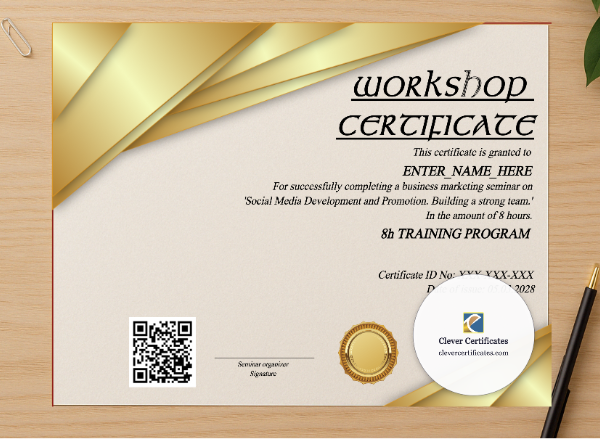 Professional preview of Workshop Certificate Of Completion certificate on high-quality stationery paper, ideal for showcasing the final look.