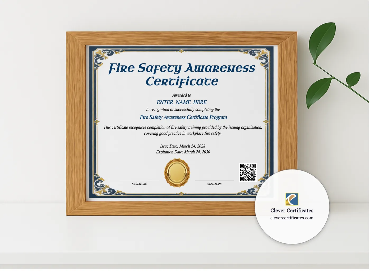 Realistic mockup featuring Fire Safety Awareness Certificate displayed within a modern frame, set against a minimalistic background.