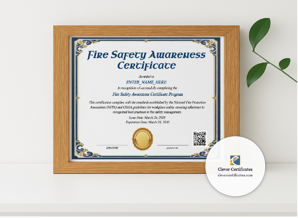 Realistic mockup featuring Fire Safety Awareness Certificate displayed within a modern frame, set against a minimalistic background.