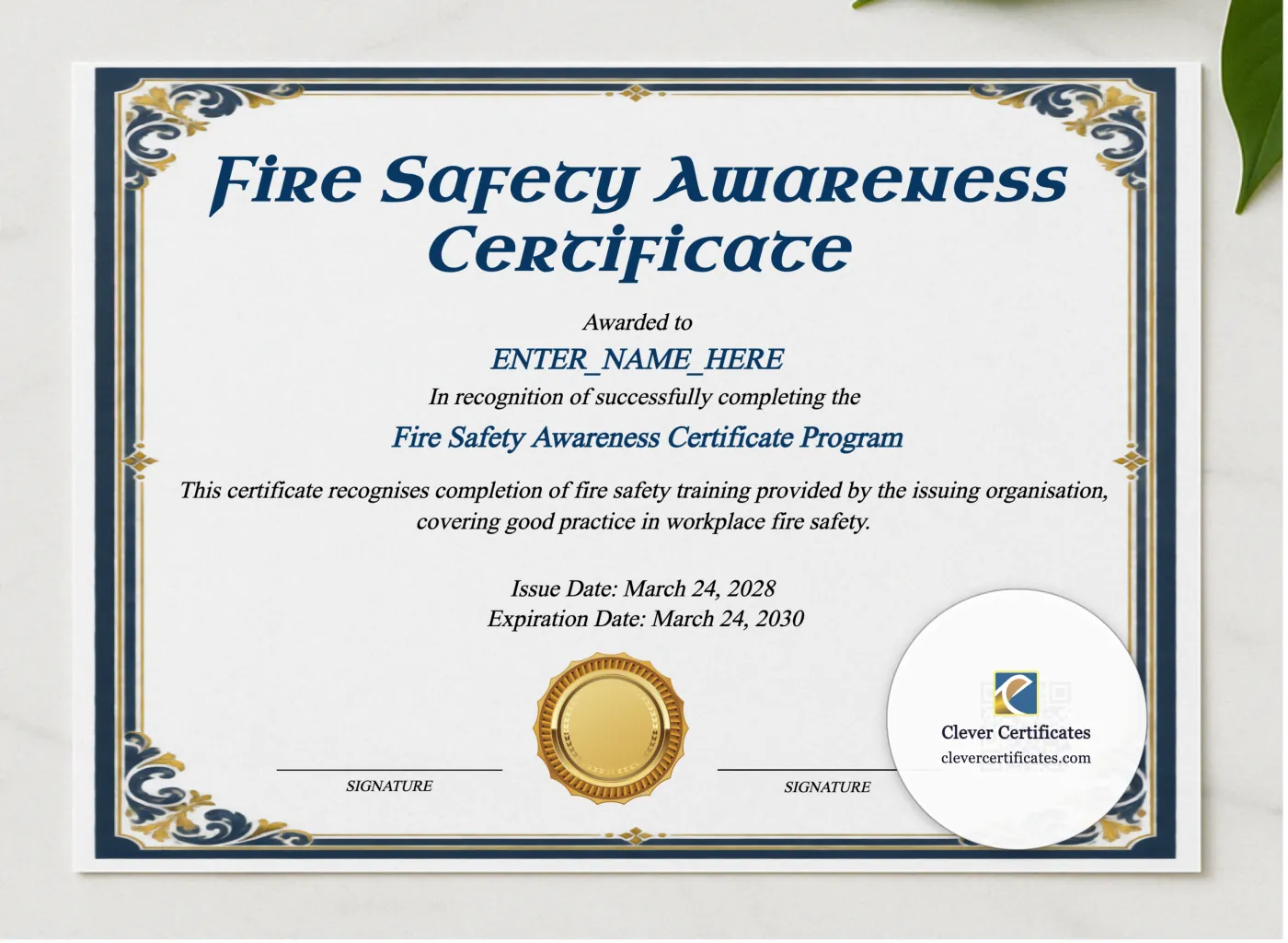 Fire Safety Awareness Certificate presented in a sleek wooden frame, elegantly arranged on a stylish table.