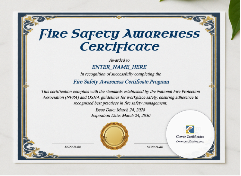 Fire Safety Awareness Certificate presented in a sleek wooden frame, elegantly arranged on a stylish table.