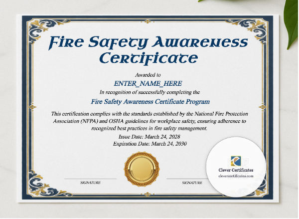 Fire Safety Awareness Certificate presented in a sleek wooden frame, elegantly arranged on a stylish table.