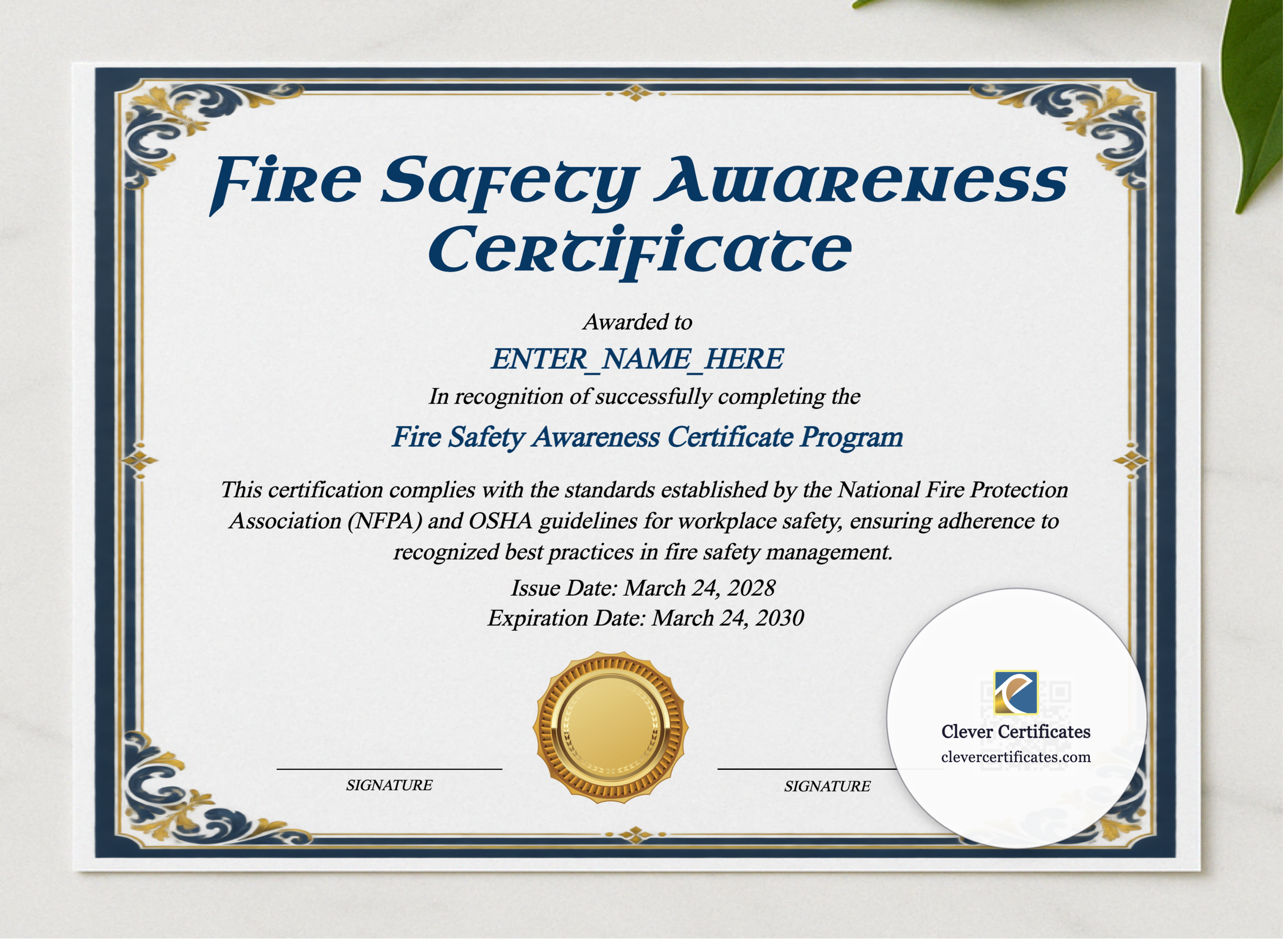 Fire Safety Awareness Certificate presented in a sleek wooden frame, elegantly arranged on a stylish table.