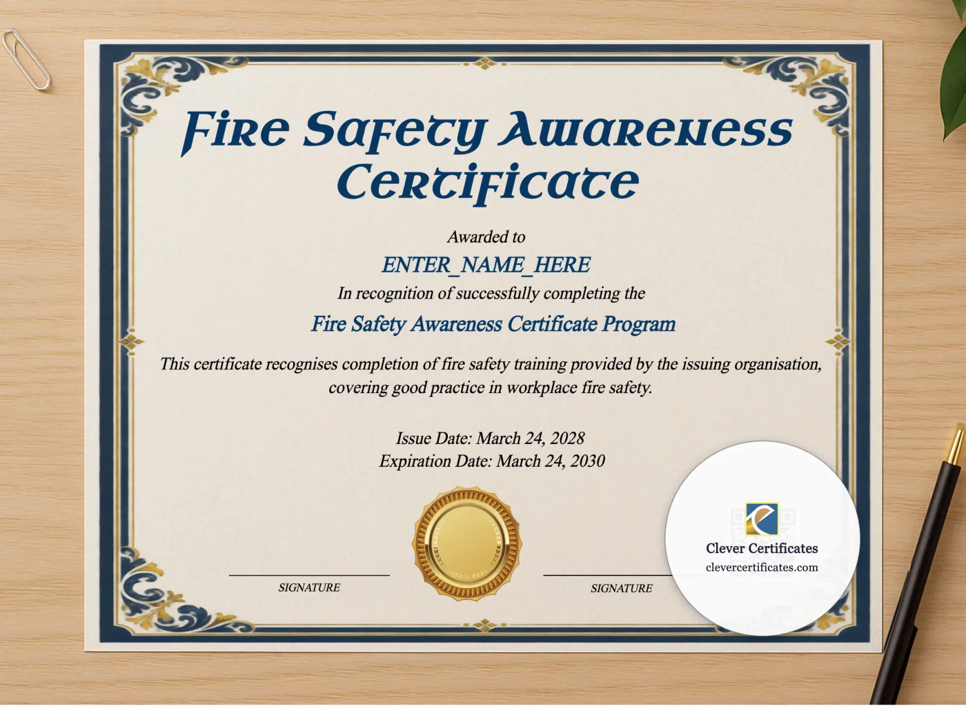 Professional preview of Fire Safety Awareness Certificate certificate on high-quality stationery paper, ideal for showcasing the final look.