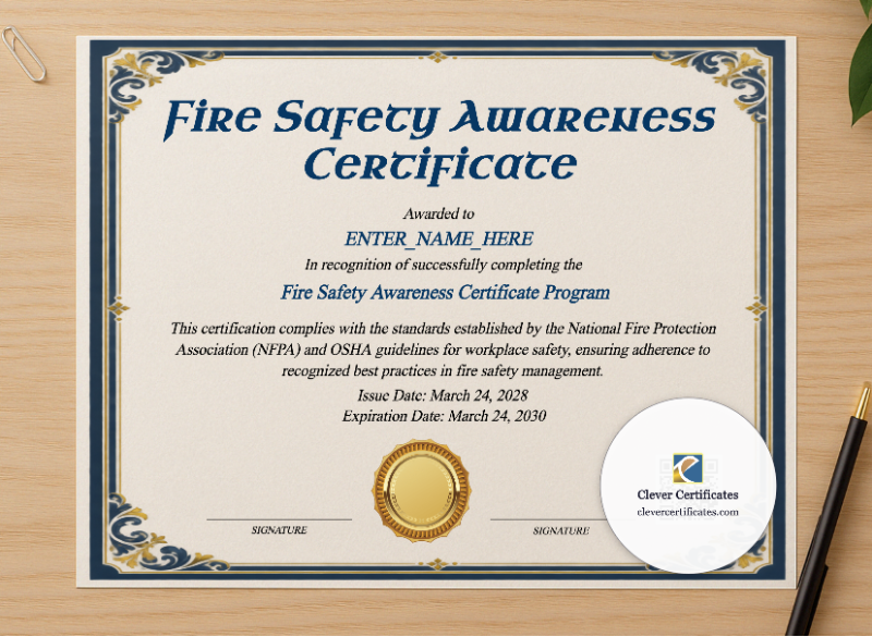 Professional preview of Fire Safety Awareness Certificate certificate on high-quality stationery paper, ideal for showcasing the final look.