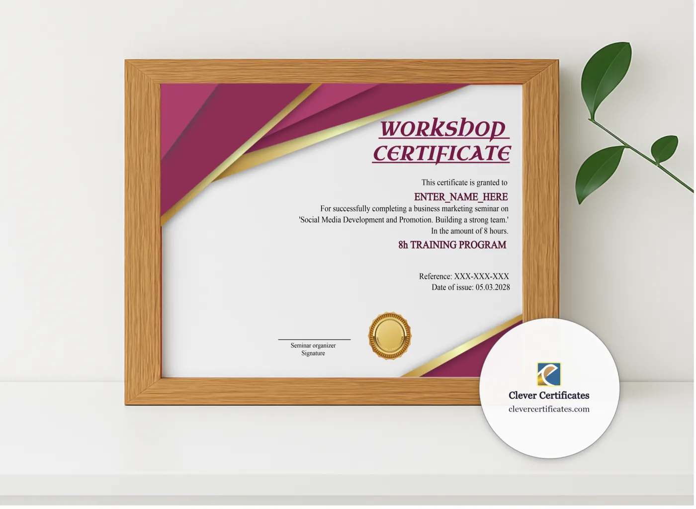 Realistic mockup featuring Workshop Completion Certificate displayed within a modern frame, set against a minimalistic background.