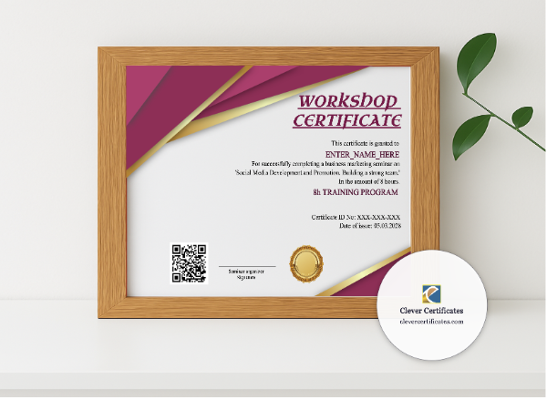 Realistic mockup featuring Workshop Completion Certificate displayed within a modern frame, set against a minimalistic background.