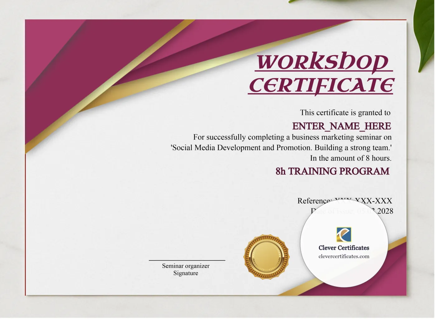 Workshop Completion Certificate presented in a sleek wooden frame, elegantly arranged on a stylish table.