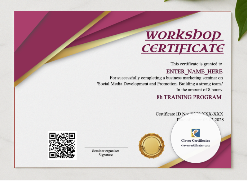 Workshop Completion Certificate presented in a sleek wooden frame, elegantly arranged on a stylish table.