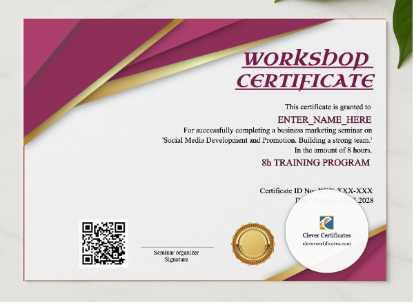 Workshop Completion Certificate presented in a sleek wooden frame, elegantly arranged on a stylish table.