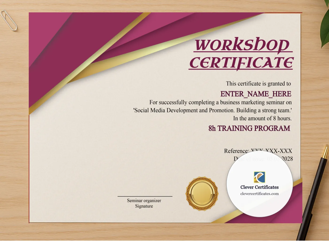 Professional preview of Workshop Completion Certificate certificate on high-quality stationery paper, ideal for showcasing the final look.