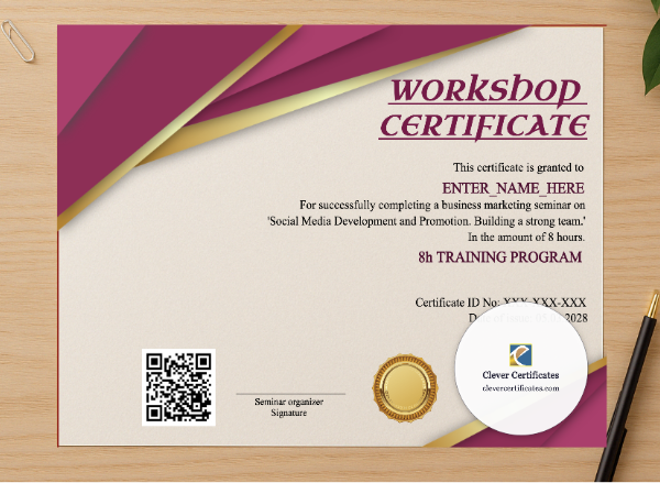 Professional preview of Workshop Completion Certificate certificate on high-quality stationery paper, ideal for showcasing the final look.
