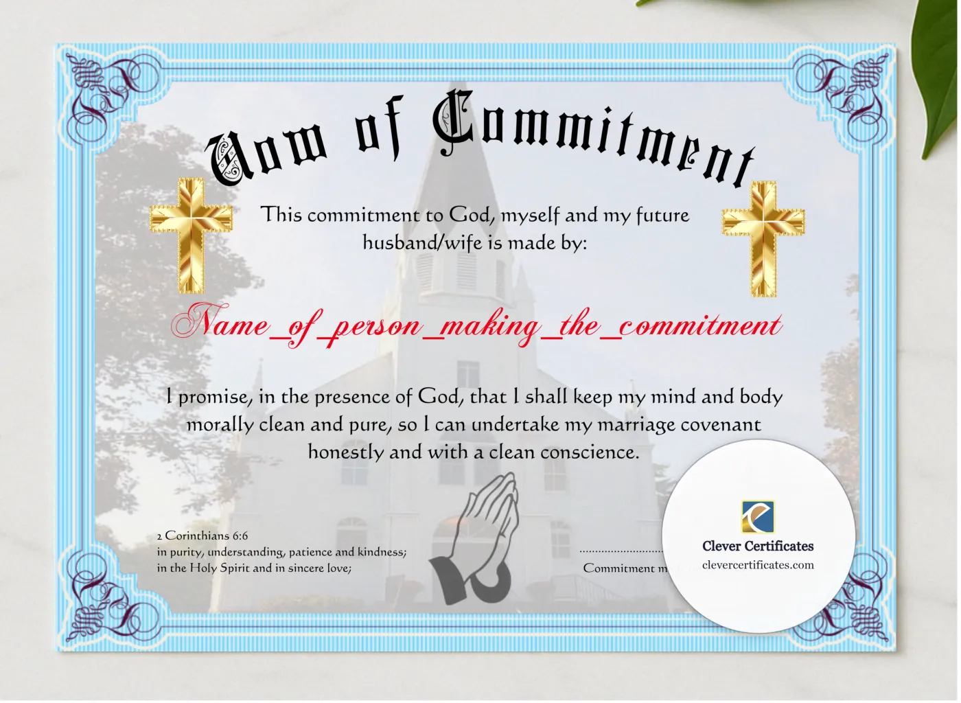 Vow Of Commitment presented in a sleek wooden frame, elegantly arranged on a stylish table.