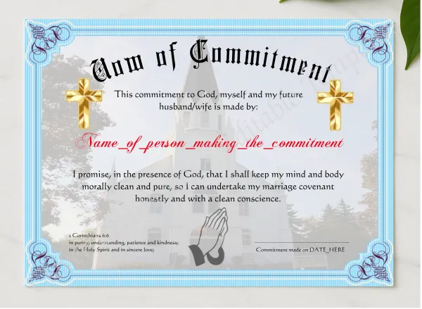 Vow Of Commitment presented in a sleek wooden frame, elegantly arranged on a stylish table.