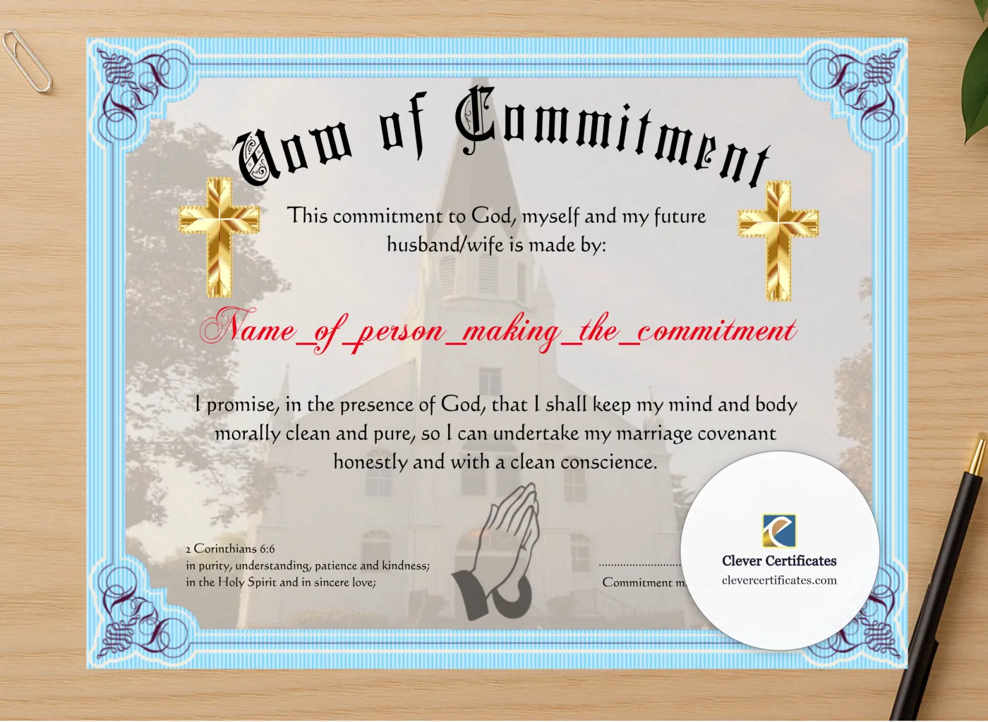 Professional preview of Vow Of Commitment certificate on high-quality stationery paper, ideal for showcasing the final look.