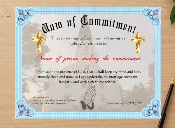 Professional preview of Vow Of Commitment certificate on high-quality stationery paper, ideal for showcasing the final look.