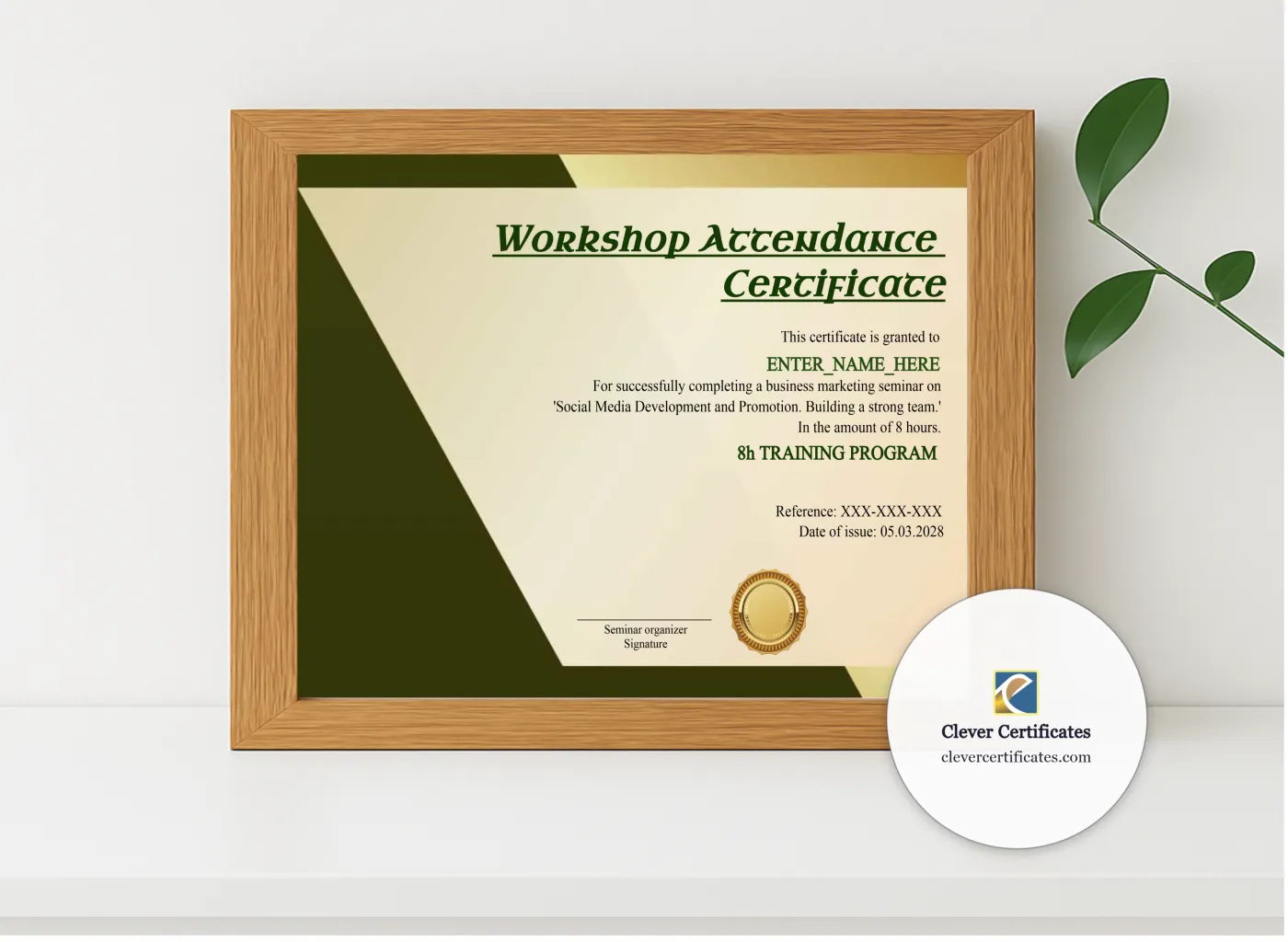 Realistic mockup featuring Workshop Attendance Certificate displayed within a modern frame, set against a minimalistic background.