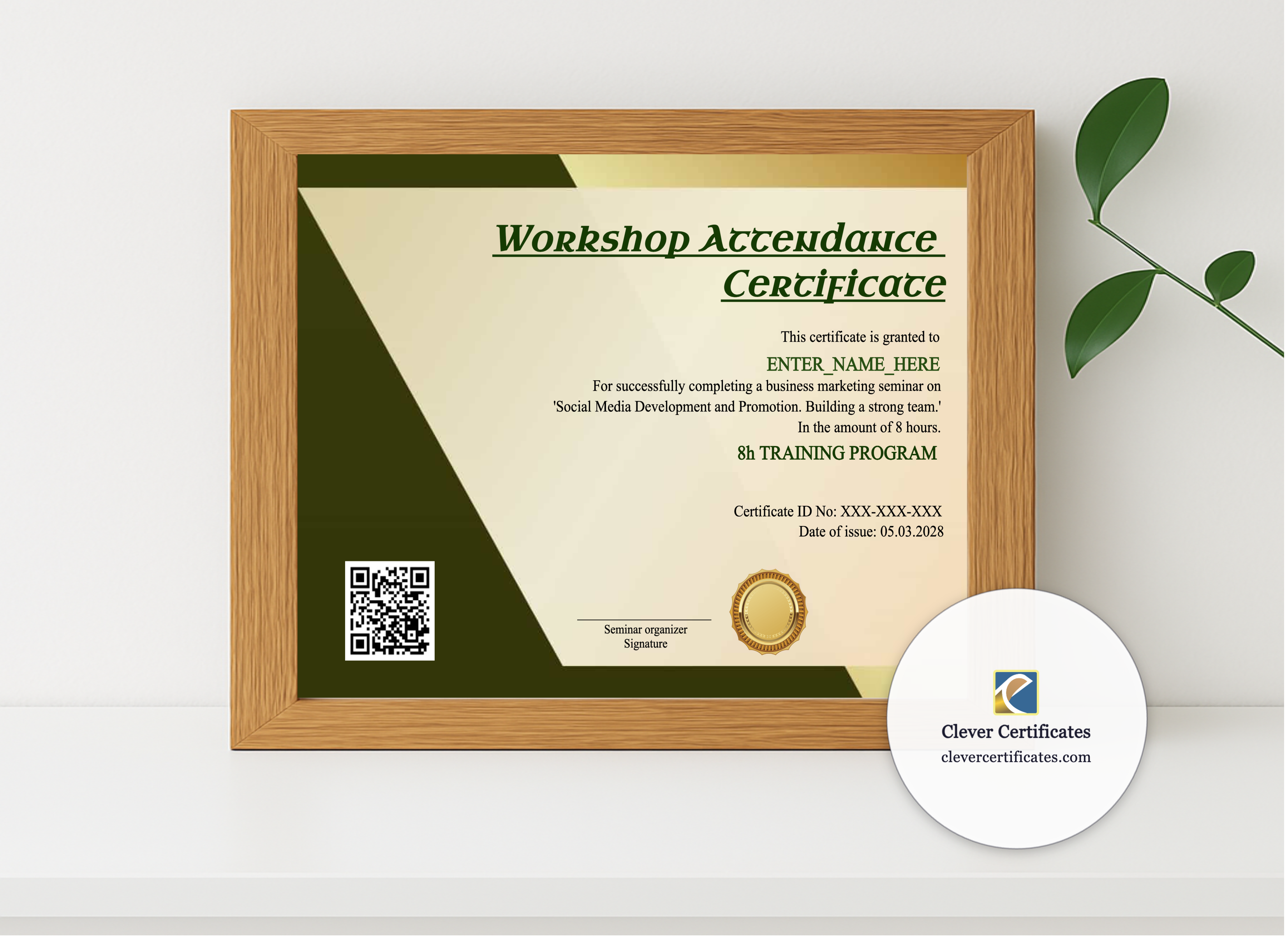 Realistic mockup featuring Workshop Attendance Certificate displayed within a modern frame, set against a minimalistic background.