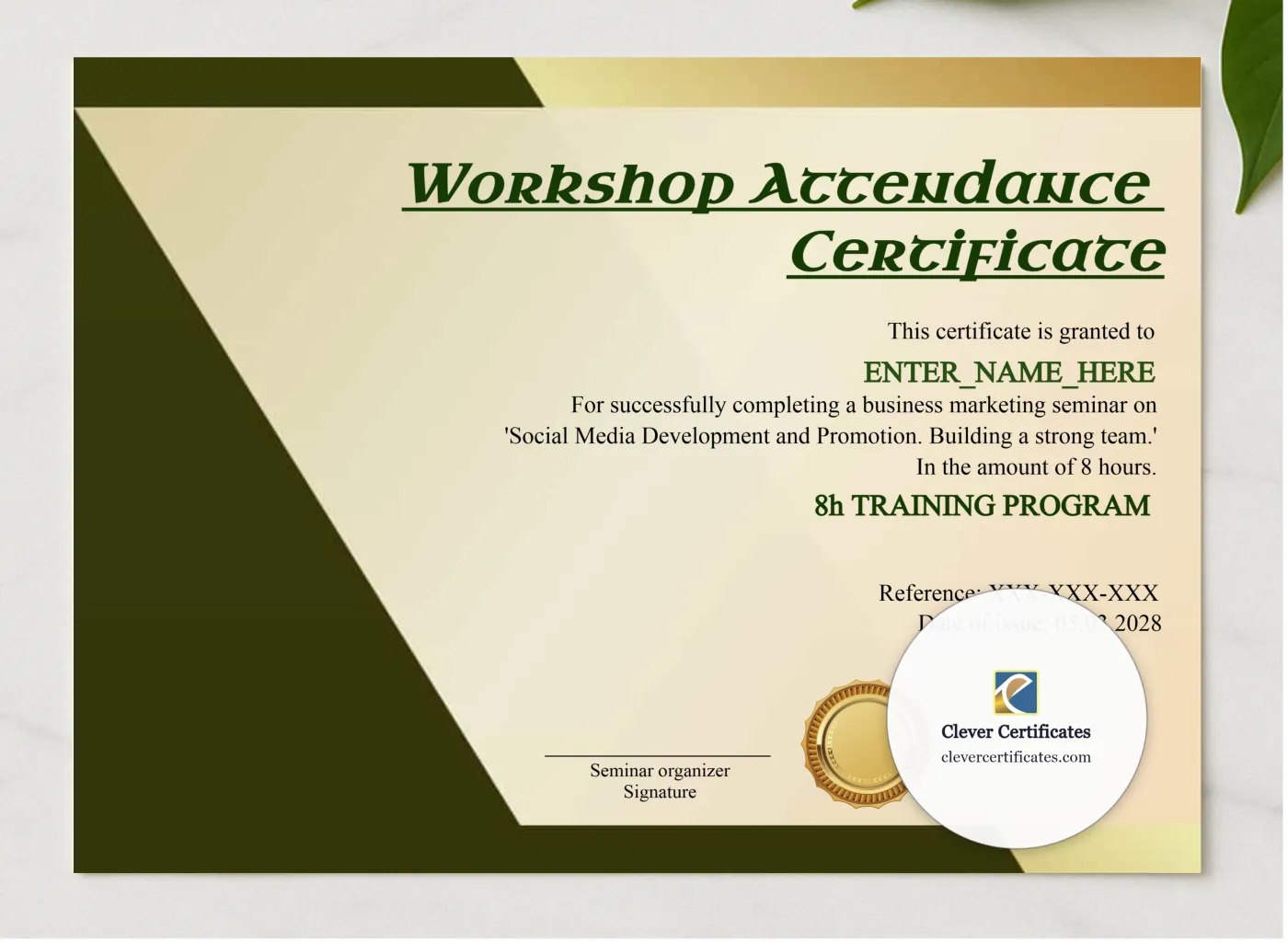 Workshop Attendance Certificate presented in a sleek wooden frame, elegantly arranged on a stylish table.