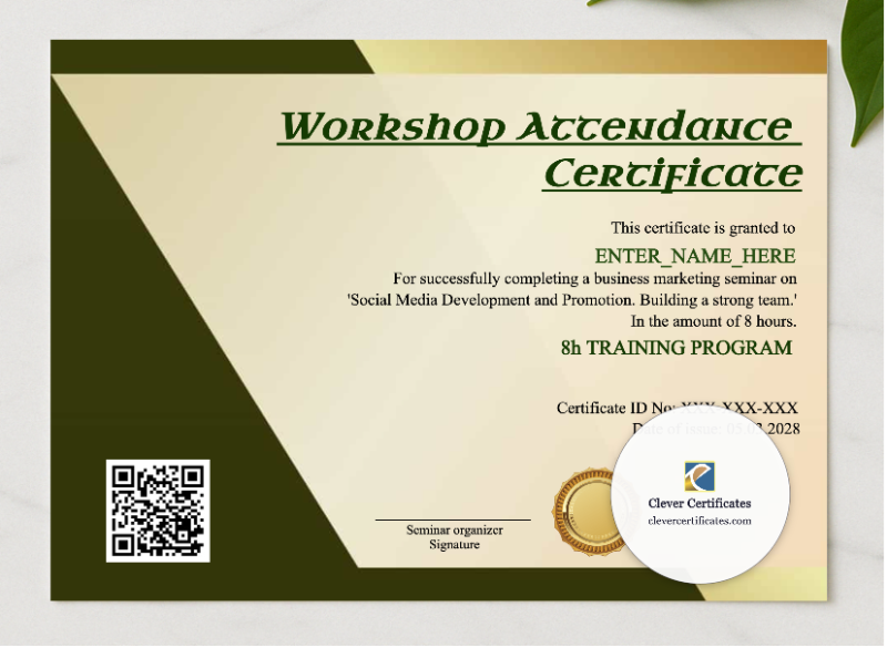 Workshop Attendance Certificate presented in a sleek wooden frame, elegantly arranged on a stylish table.