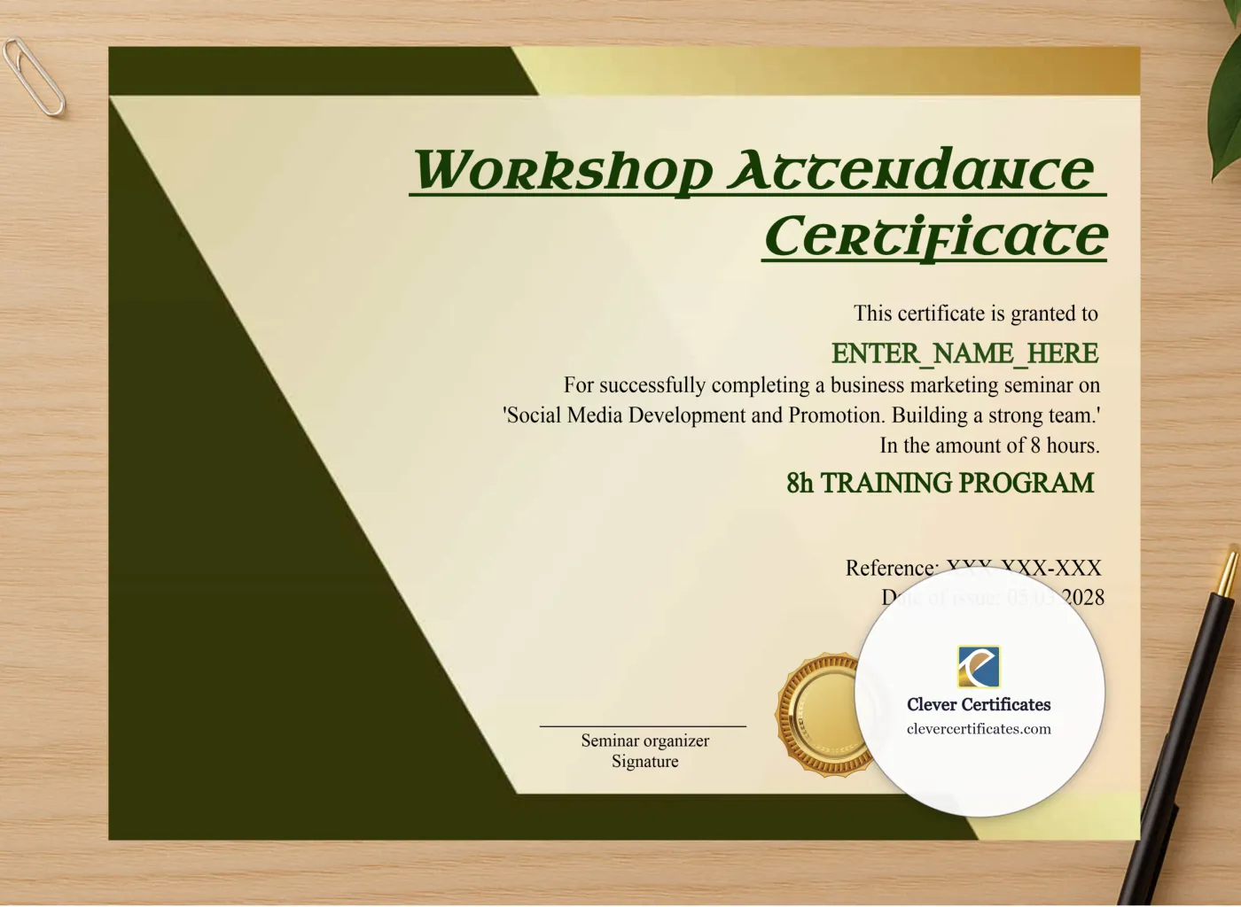 Professional preview of Workshop Attendance Certificate certificate on high-quality stationery paper, ideal for showcasing the final look.