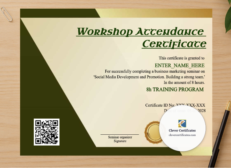 Professional preview of Workshop Attendance Certificate certificate on high-quality stationery paper, ideal for showcasing the final look.