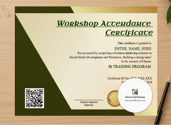 Professional preview of Workshop Attendance Certificate certificate on high-quality stationery paper, ideal for showcasing the final look.