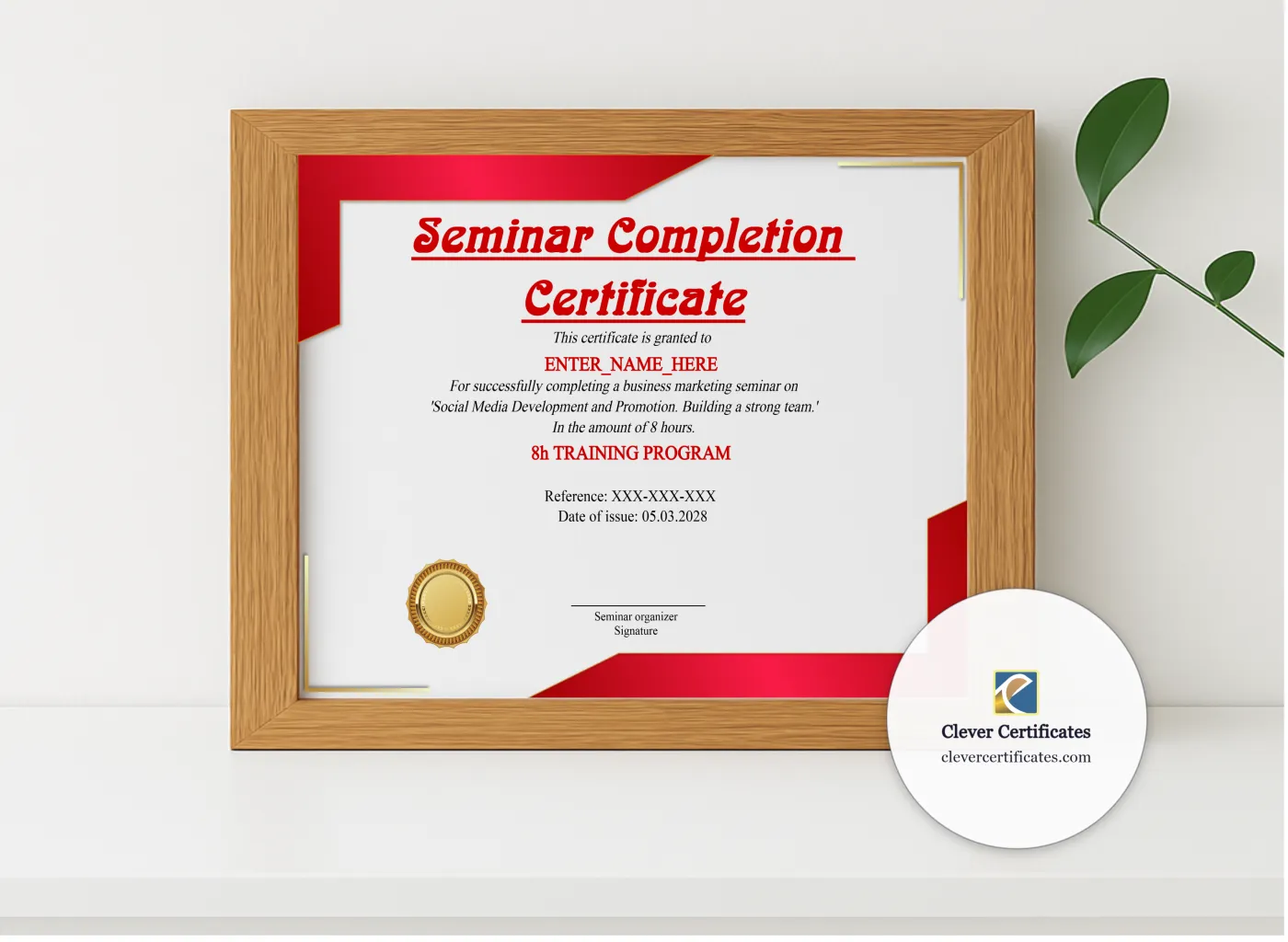 Realistic mockup featuring Seminar Completion Certificate displayed within a modern frame, set against a minimalistic background.