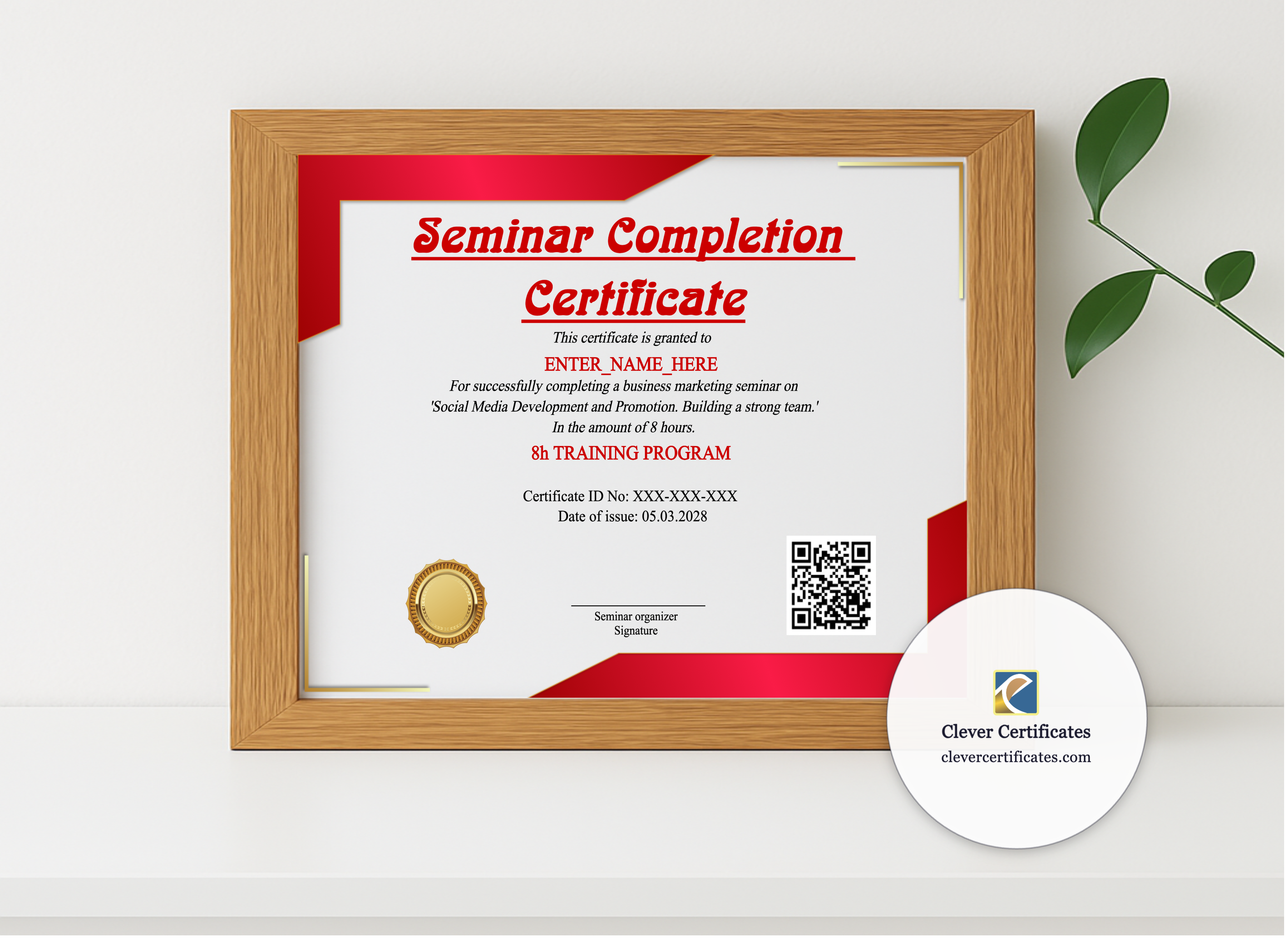 Realistic mockup featuring Seminar Completion Certificate displayed within a modern frame, set against a minimalistic background.