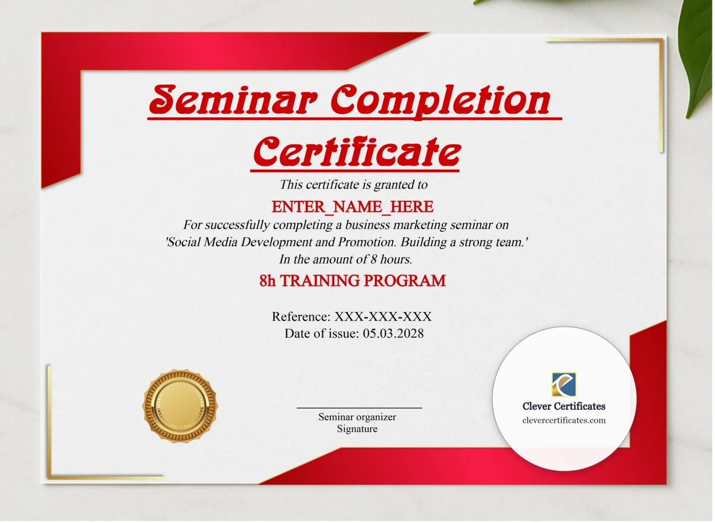 Seminar Completion Certificate presented in a sleek wooden frame, elegantly arranged on a stylish table.