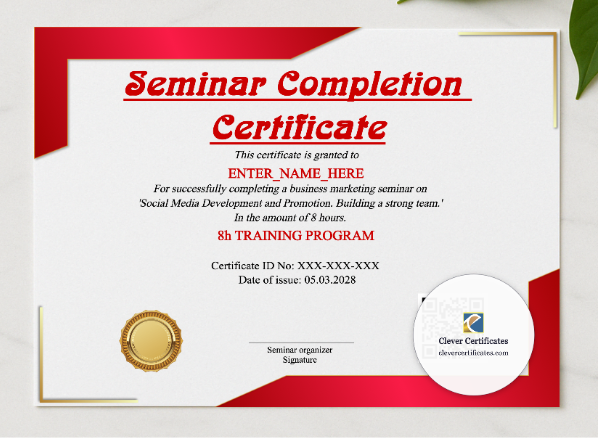 Seminar Completion Certificate presented in a sleek wooden frame, elegantly arranged on a stylish table.