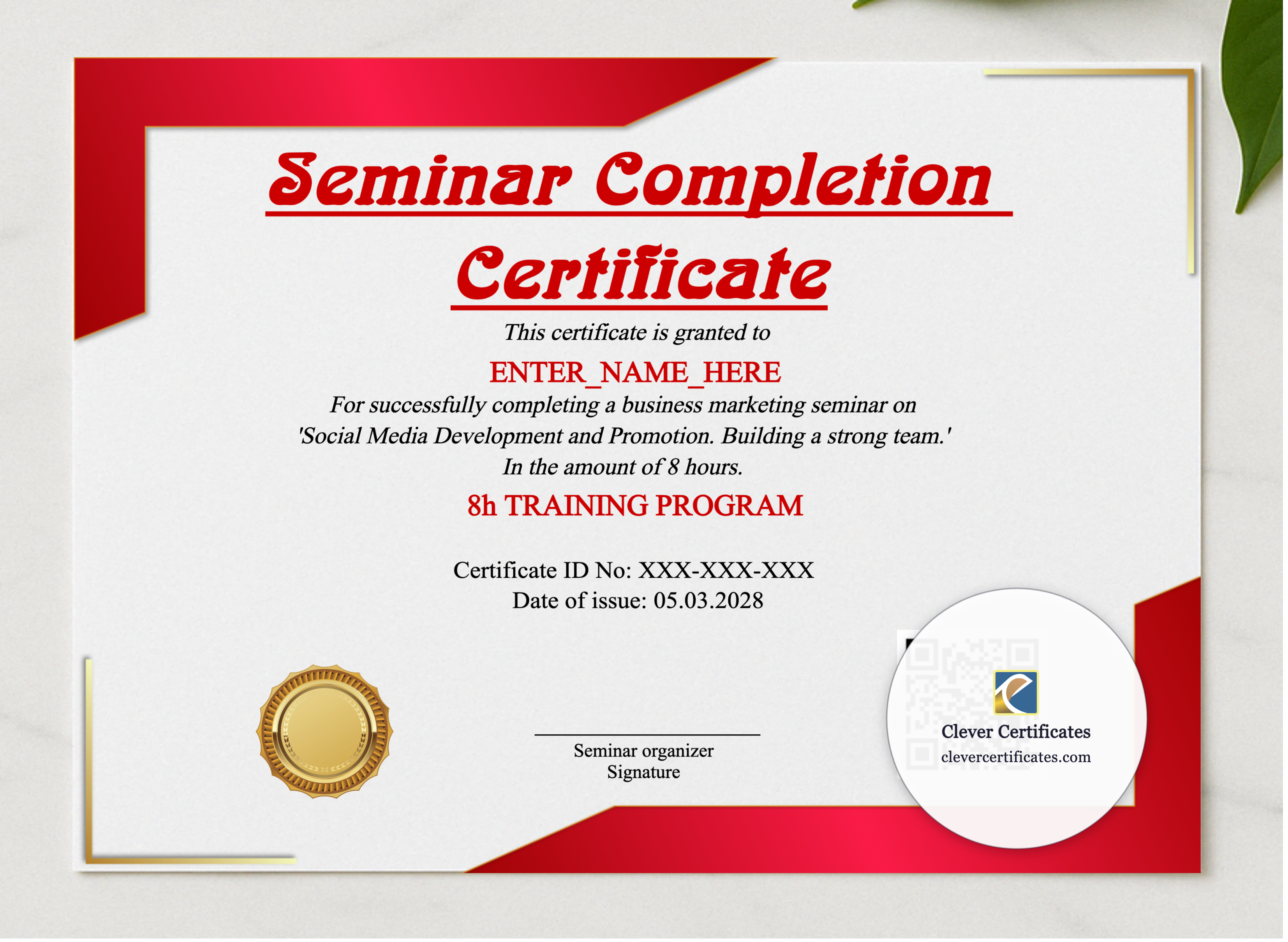 Seminar Completion Certificate presented in a sleek wooden frame, elegantly arranged on a stylish table.