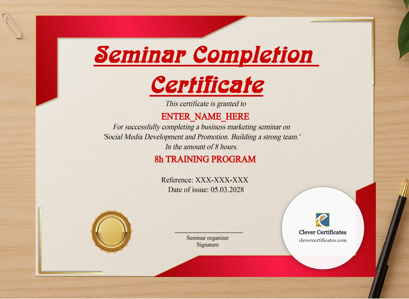 Professional preview of Seminar Completion Certificate certificate on high-quality stationery paper, ideal for showcasing the final look.