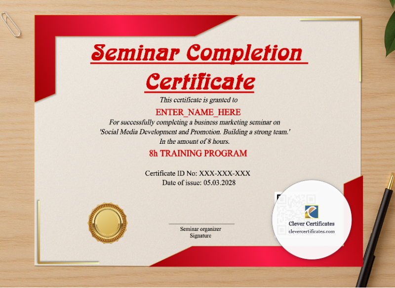 Professional preview of Seminar Completion Certificate certificate on high-quality stationery paper, ideal for showcasing the final look.