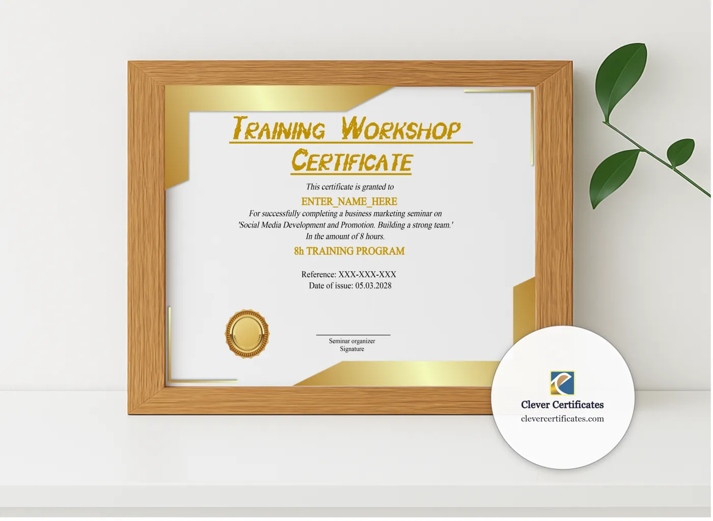 Realistic mockup featuring Training Workshop Certificate displayed within a modern frame, set against a minimalistic background.
