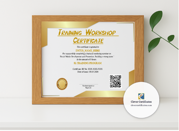 Realistic mockup featuring Training Workshop Certificate displayed within a modern frame, set against a minimalistic background.