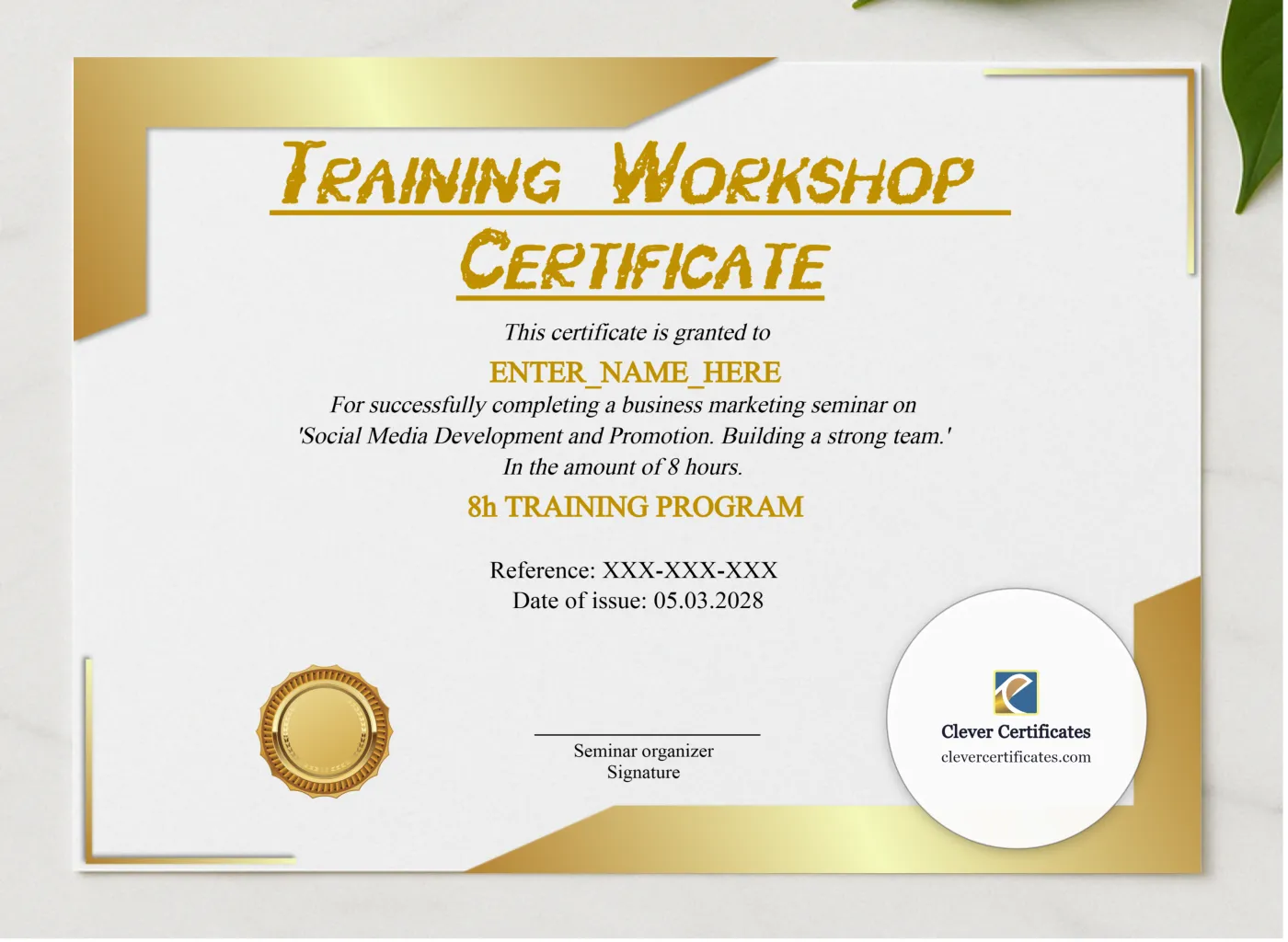 Training Workshop Certificate presented in a sleek wooden frame, elegantly arranged on a stylish table.